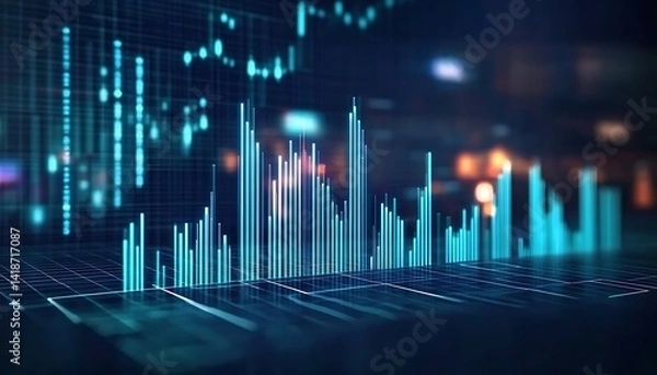 Fototapeta Perspective view of stock market growth business investing and data concept with digital financial chart graphs diagrams and , 