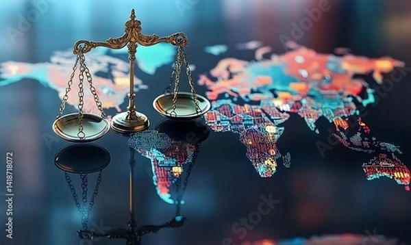 Fototapeta A global finance law concept with scales of justice overlaid on a world map filled with stock market symbols , 