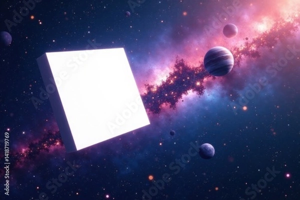 Obraz Space exploration theme with abstract white square floating in a galaxy of stars and planets, advanced technology , cosmology, galaxies