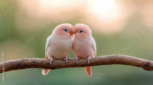 Fototapeta Affectionate pastel parakeets on branch