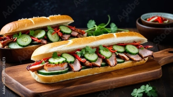 Fototapeta Three delicious banh mi sandwiches with roasted pork, fresh cucumber, and cilantro are displayed on a wooden board, ready to eat