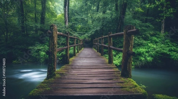 Obraz Rustic wooden bridge spans a tranquil stream in a lush green forest setting