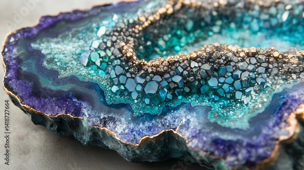 Fototapeta Close-up of an iridescent geode, showcasing blue and green hues with purple veins and intricate patterns in the resin material