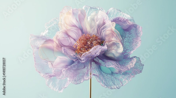 Fototapeta A single, giant, pastel purple, fluffy flower with an array of multicolored, translucent petals made from lace and glass beads, centered on top of a tall, slender, gold metal wire stand