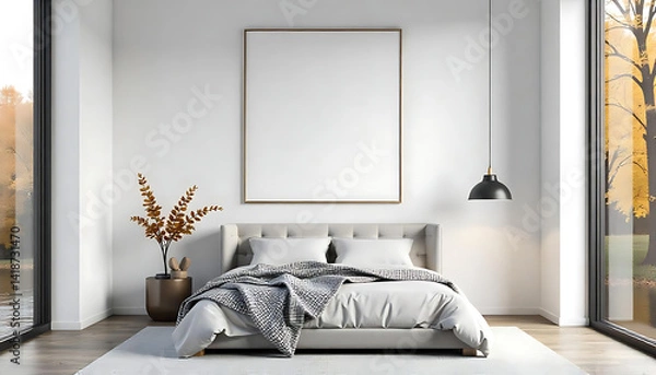 Fototapeta Minimalist Bedroom Interior with Blank Poster on White Wall, Minimalistic light bedroom with blank white wall art mockup.Blank Scandinavian interior poster template, created with generative ai