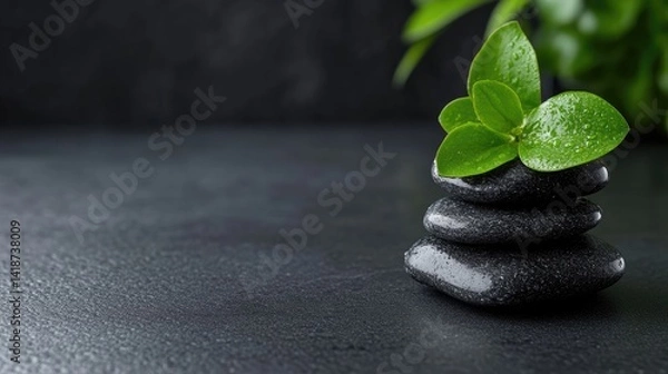 Obraz Zen stones and fresh leaves on dark surface