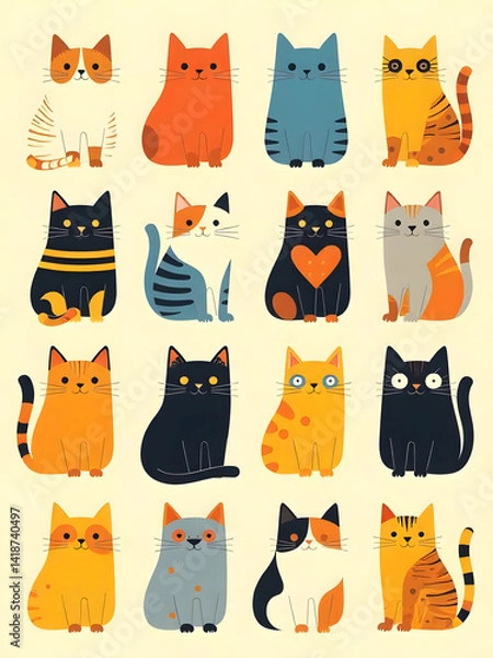 Fototapeta A delightful and colorful illustration features a collection of cartoon cats with different expressions.