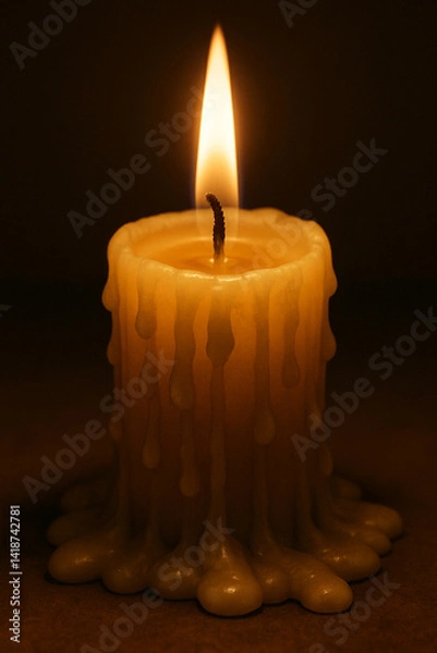 Fototapeta A close-up shot of a lit candle with wax slowly dripping down the sides, pooling at the base
