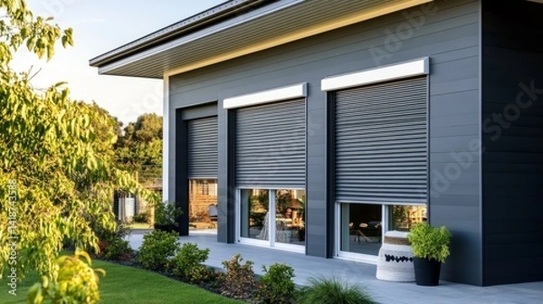Fototapeta Urban modern house with roller shutters closed for sun protection, exterior design focused on simplicity and function