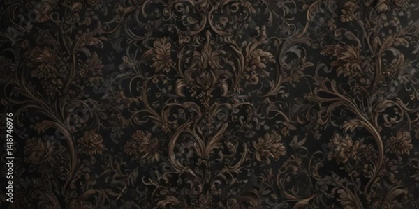 Fototapeta Intricate dark damask, swirling vines & ornate flourishes , baroque, black, background