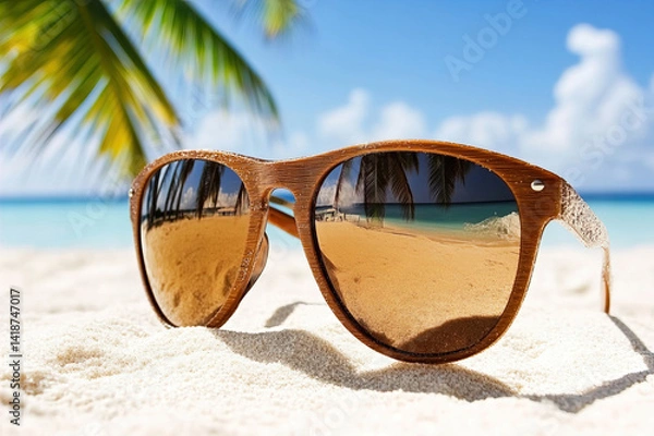 Fototapeta Close-up of mirrored shades showing tropical view, grinning face slightly blurred in foreground