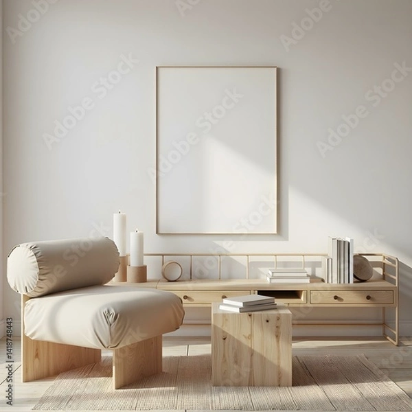 Fototapeta Interior design of a living room with a beige armchair, a wooden table, a wooden cabinet with books and candles, and a blank frame on the wall, in a minimalist style