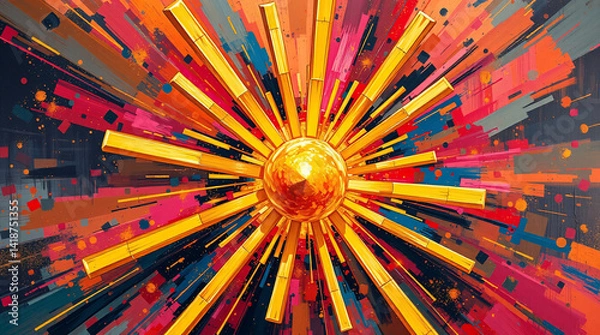 Fototapeta "Golden sunburst explosion of gold bars from a radiant central orb, abstract wealth energy blast, colorful glitch background, 3D surrealism, digital finance concept"