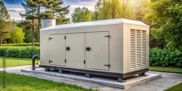 Fototapeta A natural gas backup generator installed outdoors with a large fuel tank and control panel, fuel tank