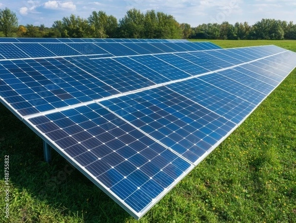 Obraz A field of solar panels reflects sunlight, showcasing renewable energy technology in a lush green landscape.