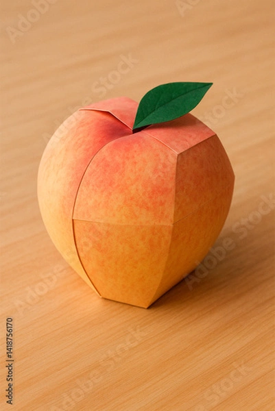 Fototapeta A paper Peach-shaped box on a medium light-colored wooden table, and the surface of this box mimics the skin of a Peach.