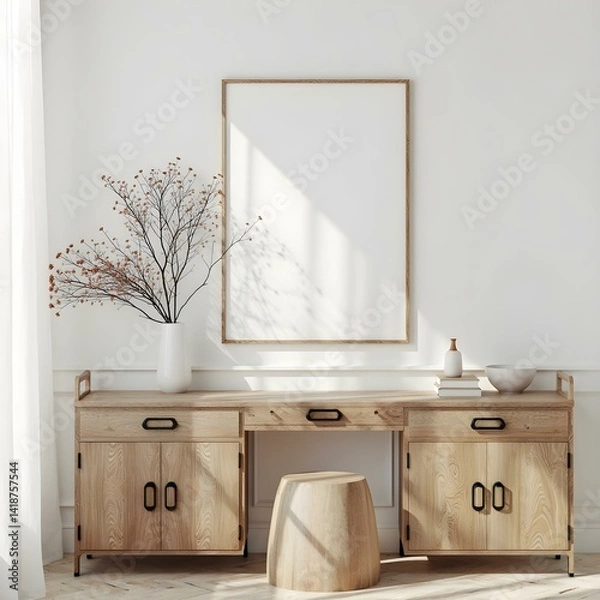 Fototapeta Minimalist room with a wooden console table, a vase with dried flowers , a stool , and a blank frame on the wall, creating a clean and modern aesthetic