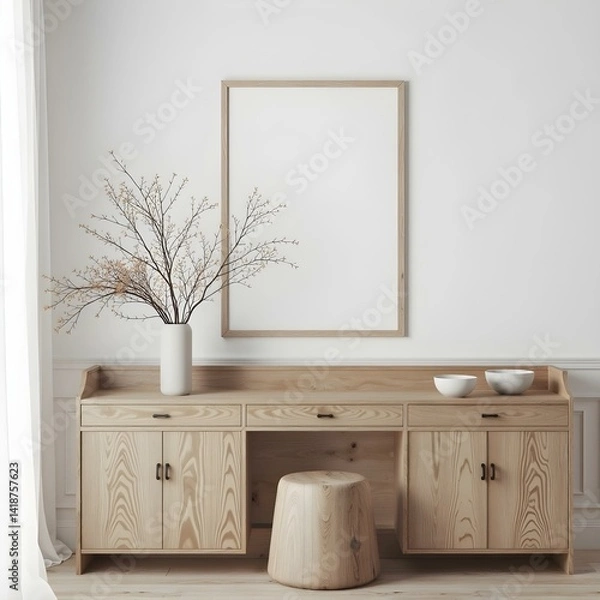 Fototapeta Minimalist room with a wooden console table, a vase with dried flowers , a stool , and a blank frame on the wall, creating a clean and modern aesthetic