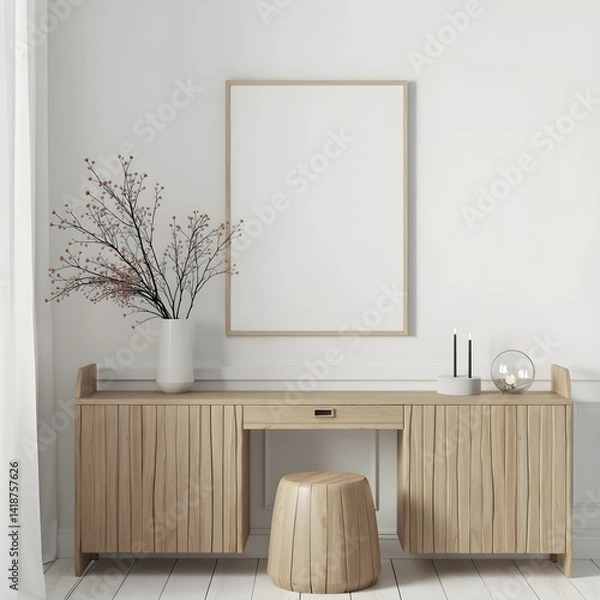 Fototapeta Minimalist room with a wooden console table, a vase with dried flowers , a stool , and a blank frame on the wall, creating a clean and modern aesthetic