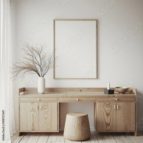 Fototapeta Minimalist room with a wooden console table, a vase with dried flowers , a stool , and a blank frame on the wall, creating a clean and modern aesthetic