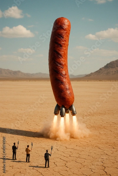 Fototapeta A space merguez landing urgently in a desert. The helmet is removed, and thrusters are added to the merguez as it lands. Tiny humans stand nearby with forks, waiting for the merguez to arrive.