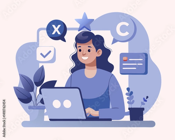 Fototapeta Customer experience, CX or UX user experience, feedback or comment, opinion on product and service, user satisfaction positive or negative feedback concept, woman on mobile giving experience rating