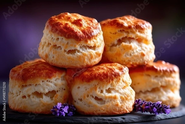 Fototapeta Delicious freshly baked scones with golden crust and flaky texture stacked on a dark plate next to small purple flowers on a rustic background