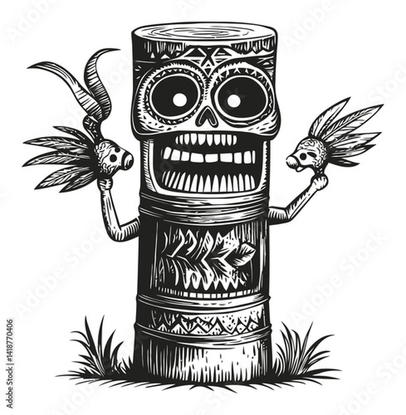 Fototapeta Engraved Tiki Figure with Skull Design and Tribal Elements