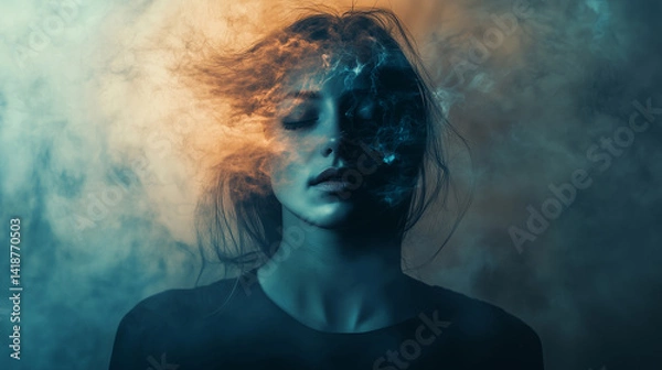 Obraz Dreamlike Portrait of a Woman Enveloped in Mystical Smoke with Surreal Lighting and Ethereal Atmosphere. Image Made Using Generative AI.