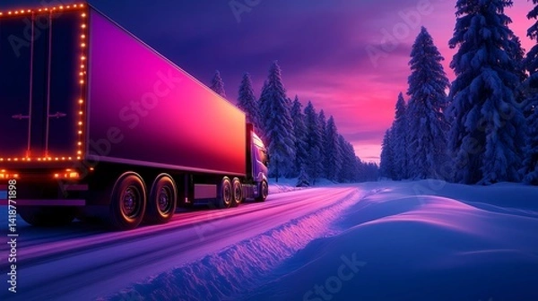 Obraz Truck driving through snowy landscape at sunset with colorful lights.