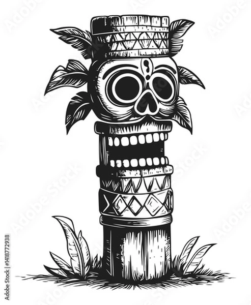 Fototapeta Detailed Tiki Skull Carving with Leaves and Decorative Patterns