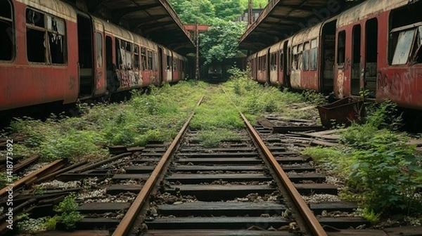 Fototapeta Abandoned train tracks overgrown with vegetation