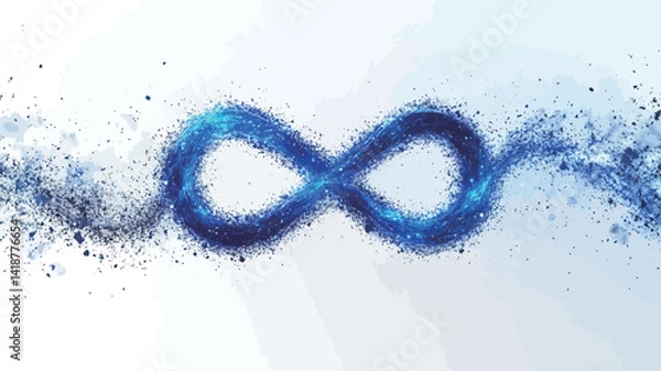 Fototapeta The image features a stylized infinity symbol rendered in a vivid blue hue, made up of countless tiny glowing particles that appear to be in motion, creating a.