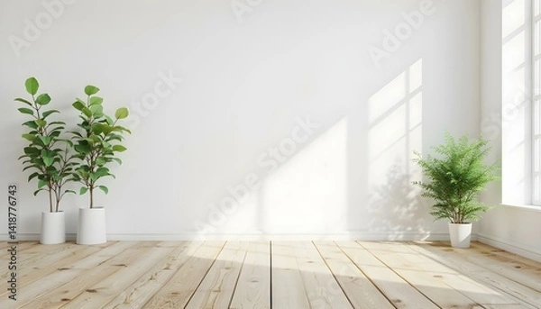 Fototapeta Empty room with white wall, wooden floor and two green plants on the sides, minimalist style, clean and bright