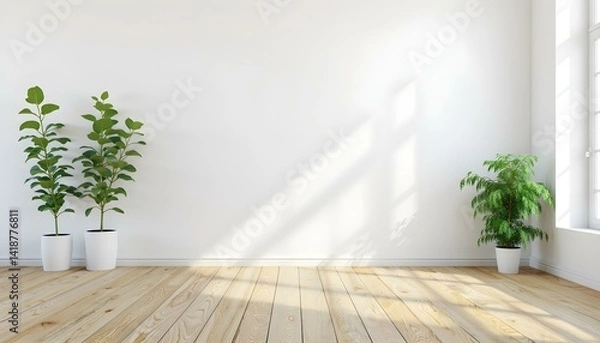 Fototapeta Empty room with white wall, wooden floor and two green plants on the sides, minimalist style, clean and bright