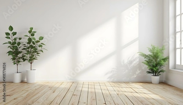 Fototapeta Empty room with white wall, wooden floor and two green plants on the sides, minimalist style, clean and bright