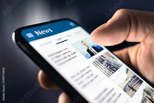 Fototapeta News and press release. Headlines and newspaper media in phone. Reading articles online. Mobile in hand. Feed, breaking report, or business publication. Latest daily journalism.