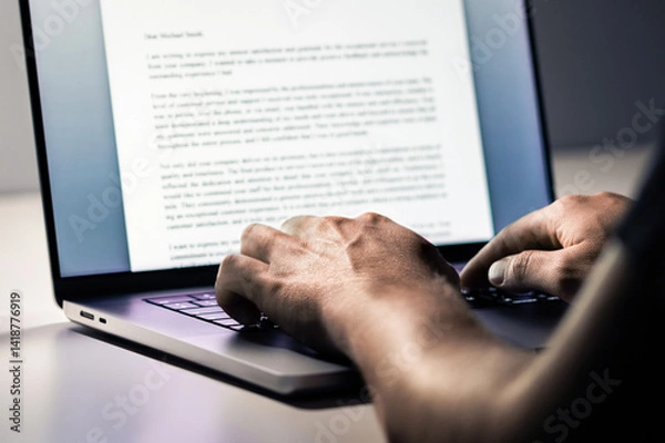 Fototapeta Writing. Blog writer. Content, article, letter with laptop computer. Text document, book, business report or journal. Copywriter, journalist or news editor. College essay on screen.
