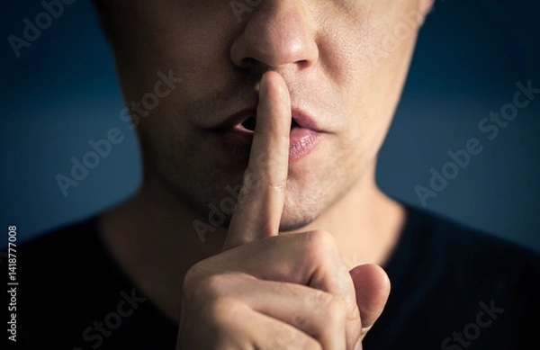 Fototapeta Quiet and silence! Secret of a man. Hush. Finger and mouth. Shh. Silent confidential gesture. Lips sealed. Freedom of speech, censorship, taboo or gossip concept.