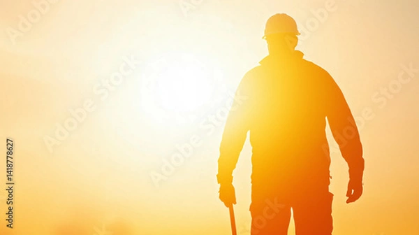 Fototapeta A silhouette of a worker holding a tool against the bright sun, symbolizing labor and strength for May Day.