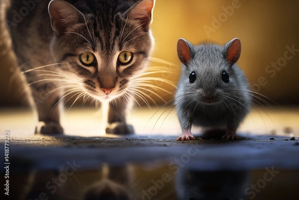 Fototapeta Close-up of tabby cat is standing intently looking behind the little mouse.