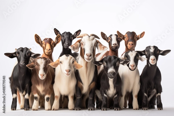 Fototapeta Group of goats of various colors and patterns standing closely isolated on white background.