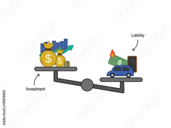 Fototapeta Investment assets and liabilities on a scale, showcasing financial balance. Suitable for financial reports, presentations, and educational materials on finance.