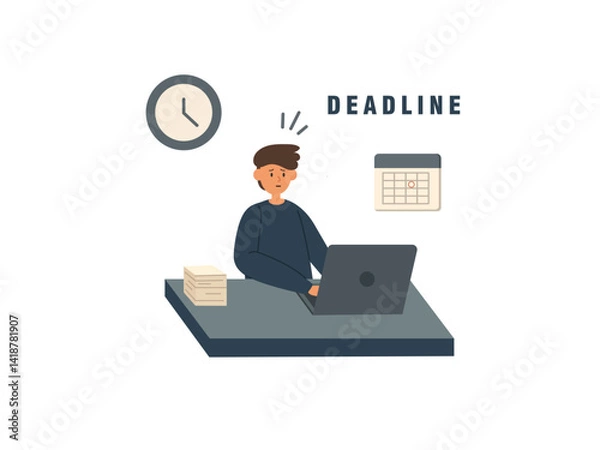 Obraz Worried man rushing to meet deadline on computer. Suitable for stress, work, pressure, time management concepts in business or education.