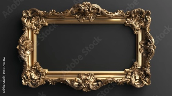 Fototapeta Ornate gold frame with dark gray matte background shown