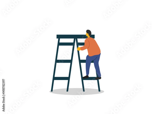 Obraz Person ascending ladder isolated on white, suitable for career development, progression, growth concepts in presentations, websites, and print materials.