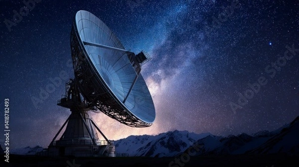 Fototapeta Observatory Antenna Under Starry Night Sky with Mountains