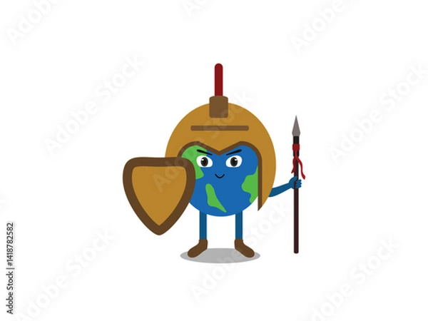 Fototapeta Earth character in helmet, shield, spear. Ideal for conservation campaigns, environmental protection promotions, geology and earth science education materials.
