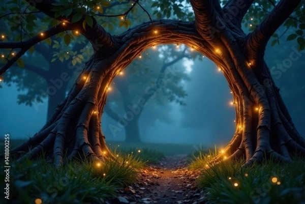 Obraz Glimmering fairy lights illuminate woven tree archway, foggy woodland, magical portal, illuminated, serene
