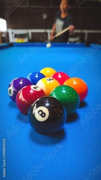 Fototapeta Billiard Game, Focus on the Balls Rack Before Break on Blue Table